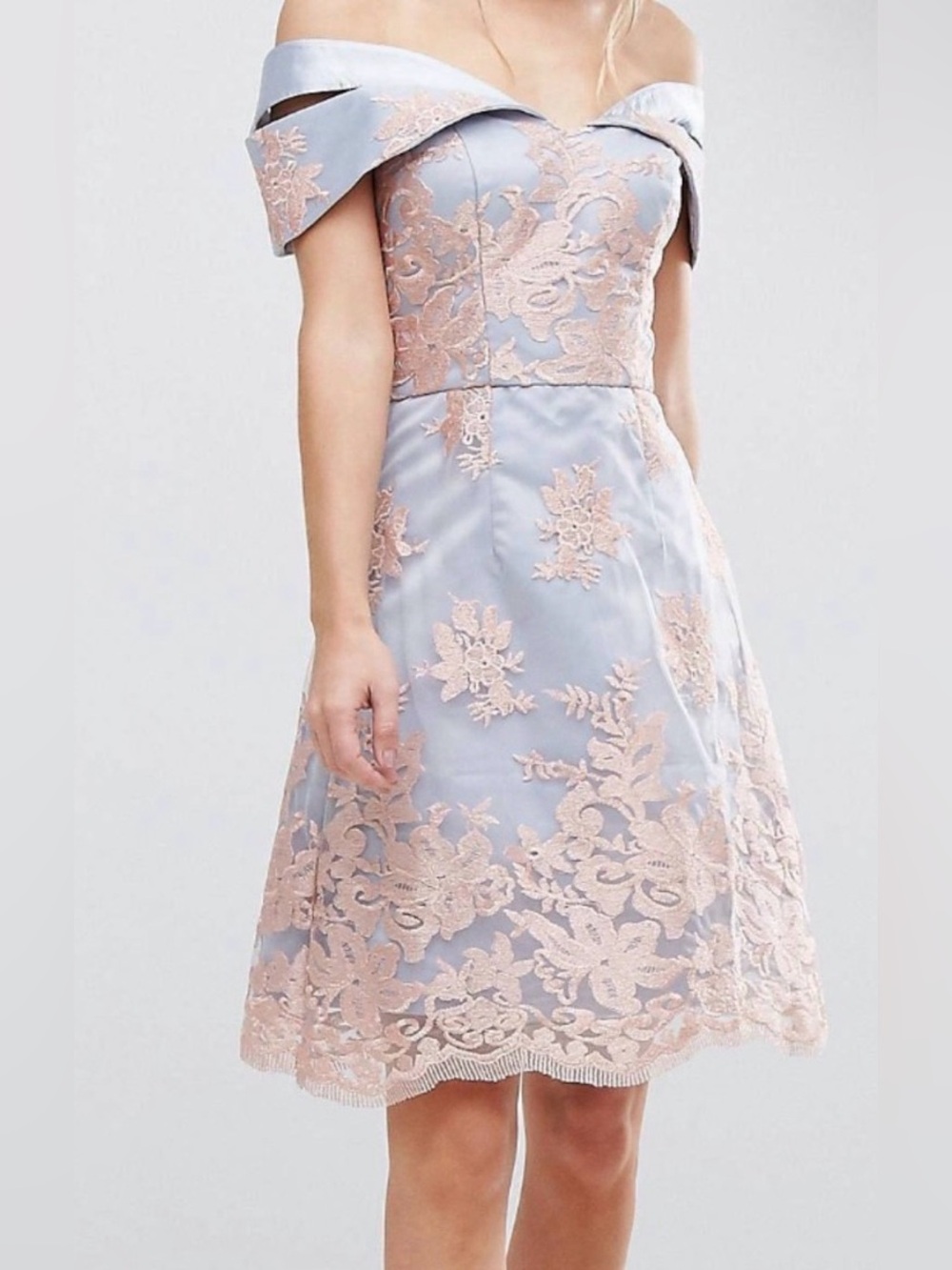 Chi Chi London Off-Shoulder Midi Dress in Light Blue and Blush Lace